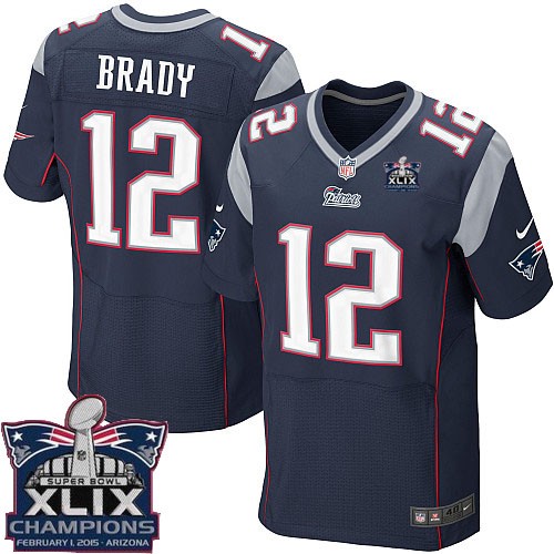 Men's Elite Tom Brady Super Bowl XLIX Champions Nike Jersey Navy Blue Home - #12 NFL New England Patriots